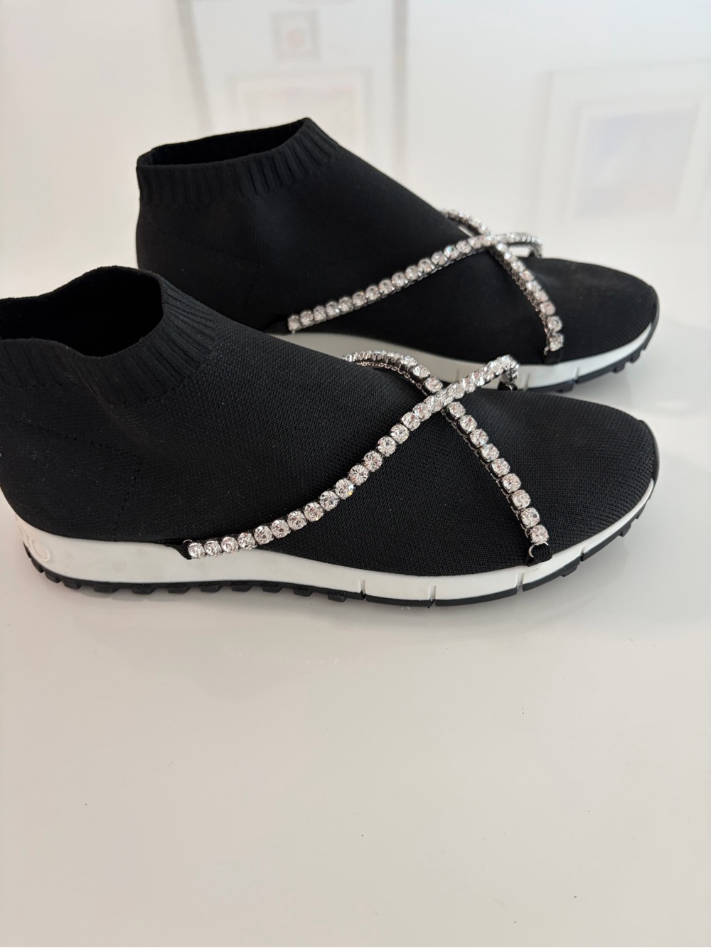 Jimmy Choo Black Knit Slip-On Sneakers with Crystal Cross Straps
